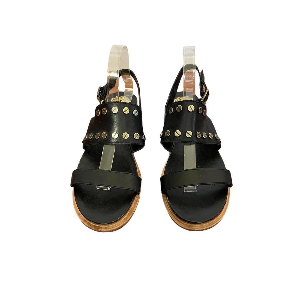 Vince camuto black leather sandals two strap brass detail size 10